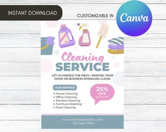 Modello di volantino per servizi di pulizia, design modificabile con Canva (download immediato)