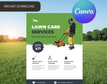 Modello di volantino per servizi di cura del prato, modificabile, annuncio per attività di giardinaggio, Canva, stampabile, download digitale