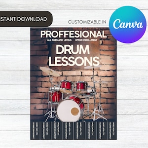 Drum Lesson Flyer Template, Tear-Off Tabs, Editable Drumming Lesson Offer, Teaching Drums Pull tab flyer, Instant Download, Printable Poster