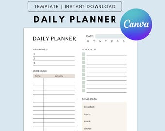 Modello di agenda giornaliera, modificabile, agenda minimalista, stampabile, Canva, download digitale, PDF, formato A4