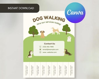 Modello di volantino per servizio di passeggiate per cani, annuncio personalizzabile per la cura degli animali domestici (PDF digitale)