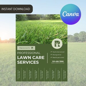 May include: An advertisement for professional lawn care services. The design features a vibrant green lawn, a dark green panel with white text, and a Canva logo. The text includes "Professional Lawn Care Services" and contact information.