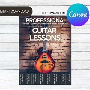 Può includere: Una grafica digitale per lezioni di chitarra a Greenville. La grafica presenta una chitarra elettrica rossa, arancione e gialla su uno sfondo di muro di mattoni. Il testo "PROFESSIONAL GUITAR LESSONS" è in grandi lettere bianche. Il testo "$20/HOUR | ELECTRIC AND ACOUSTIC GUITAR LESSONS | IN GREENVILLE" è in lettere bianche più piccole. Il testo "ALL AGES AND LEVELS OPEN ENROLLMENT" è in lettere bianche ancora più piccole.