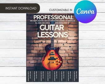 Modello di volantino per lezioni di chitarra, con linguette a strappo, design modificabile su Canva (download immediato)