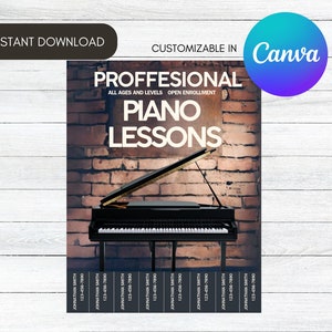 Könnte beinhalten: Ein schwarzer Flügel mit geöffnetem Deckel, der vor einer Backsteinwand steht. Der Text "PROFESSIONAL PIANO LESSONS" befindet sich über dem Klavier. Der Text "ALL AGES AND LEVELS OPEN ENROLLMENT" befindet sich unter dem Klavier. Der Text "CUSTOMIZABLE IN Canva" befindet sich in der oberen rechten Ecke des Bildes.