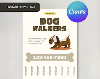Modello di volantino per servizio di passeggiate per cani, annuncio personalizzabile per la cura degli animali domestici (PDF digitale)