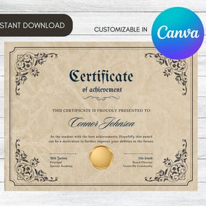Certificate Template, Editable Diploma, Custom Vintage Gold Certificate Award, Instant Download, Custom Canva, Printable Diploma Recognition