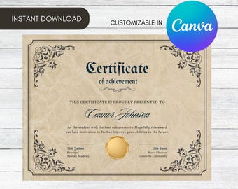 Vintage Gold Certificate Template, Customizable Diploma Award (Canva, Instant Download)