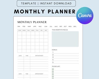 Modello di agenda mensile, modificabile, minimalista, senza date, stampabile, Canva, download digitale, PDF, formato A4