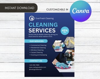 Modello di volantino per servizi di pulizia, annuncio di offerta per pulizie domestiche, design modificabile in Canva (download immediato)
