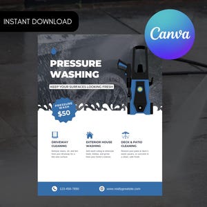 Druckwasch-Service-Flyer-Vorlage, bearbeitbare Power Wash-Info, Oberflächenreinigungsunternehmen, Canva, Benutzerdefiniert, Download, druckbar