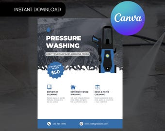 May include: A blue and black flyer promoting pressure washing services. The flyer includes the text "PRESSURE WASHING" and "KEEP YOUR SURFACES LOOKING FRESH". It also features a pressure washer graphic and icons for driveway, exterior house, and deck cleaning.