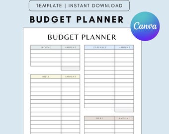 Modello di pianificazione del budget modificabile, strumento di monitoraggio finanziario, Canva, stampabile, PDF digitale, formato A4.