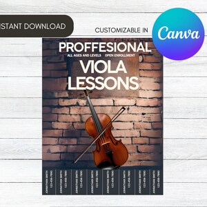 May include: A poster advertising viola lessons. The poster features a brown viola against a brick wall background. The text on the poster reads "Professional Viola Lessons, All Ages and Levels, Open Enrollment".