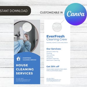 Op de afbeelding: Een blauw-witte verticale flyer voor schoonmaakdiensten. De flyer bevat de tekst "Direct downloaden" en "Aanpasbaar in Canva". De flyer toont de tekst "EverFresh Cleaning Crew" en vermeldt diensten zoals algemene schoonmaak en afstoffen.