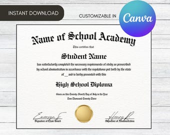 Modello di diploma, replica del certificato modificabile, riconoscimento di laurea stampabile, download immediato, Canva, PDF