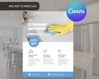 Modello di volantino per servizio di pulizia, annuncio di pulizia, addetti alle pulizie, offerta, Canva, download immediato, stampabile, professionale, aziendale