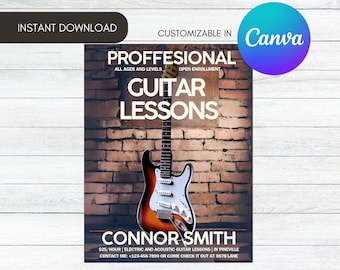 Modello di volantino per lezioni di chitarra, annuncio per insegnanti di musica, design modificabile su Canva (download immediato)