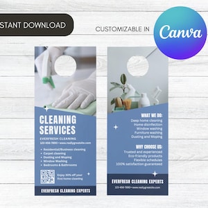 May include: A blue and white door hanger with a cleaning services advertisement. The text reads "Cleaning Services" and "Everfresh Cleaning" with a phone number and website. The advertisement lists services such as residential and business cleaning, carpet cleaning, dusting and mopping, window washing, and bedrooms and bathrooms. A QR code is included for a 30% discount on the first home cleaning. The text "Everfresh Cleaning Experts" is at the bottom of the door hanger.