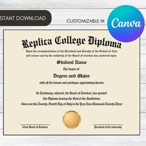 Diploma Template, Editable Diploma Replica, Custom Official Gold Certificate, Instant Download, Custom Canva, Printable Diploma Recognition