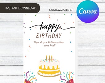 Modello personalizzabile per biglietto di auguri di compleanno a forma di torta, stampabile, design Canva (download immediato)