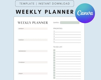 Modello di agenda settimanale, modificabile, piano settimanale minimalista, stampabile, Canva, download digitale, PDF, A4