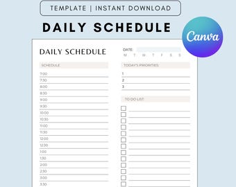 Modello di agenda giornaliera minimalista, pianificazione oraria, modificabile (download digitale)