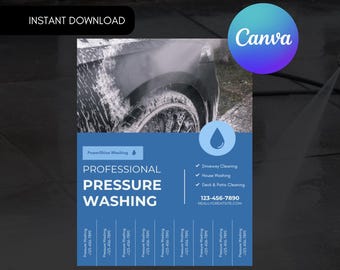 May include: A blue and white advertisement for professional pressure washing services. The image features a car being washed with high-pressure water. Text includes "Instant Download", "Professional Pressure Washing", and a phone number.