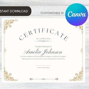 Certificate Template, Editable Diploma, Custom Elegant Gold Certificate Award, Instant Download, Custom Canva, Printable Diploma Recognition