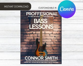 Bass Guitar Lesson Flyer Template, Editable Canva Design, Music Teacher Ad (Instant Download)