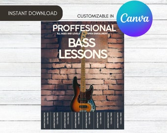 Modello di volantino per lezioni di basso elettrico, con linguette a strappo, pubblicità musicale, design modificabile in Canva (download immediato)