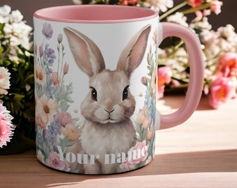 Tasse de lapin | Idées cadeaux pour Pâques | Mug avec anse rose | Tasse cadeau personnalisée | Tasse de lapin | Tasse de Pâques pour enfants |