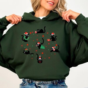 Lustiges Katzen-Weihnachts-Sweatshirt | Süßer Weihnachtspullover mit Katzen-Design | Perfektes Geschenk für Katzenliebhaber | Weich und bequem Forest Green