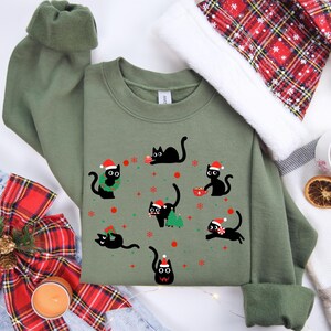 Lustiges Katzen-Weihnachts-Sweatshirt | Süßer Weihnachtspullover mit Katzen-Design | Perfektes Geschenk für Katzenliebhaber | Weich und bequem Militairy Green