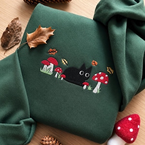Black Cat Embroidered Sweatshirt, Mushroom Cat Sweater, Cottagecore Sweatshirt, Autumn Embroidered Crewneck, Forestcore Gift