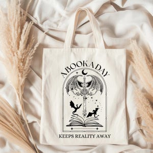 Fantasy A Book A Day Keeps Reality Away Tote Bag, Bookish Gifts, Book Club Cotton Shopper, Book Merch, Gift for Reader, Book Lover Bag