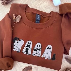 Moletom com bordado de fantasma divertido, suéter com bordado de gato preto, moletom fofo de Halloween, moletom de fantasma para o outono, presente para a temporada assustadora.