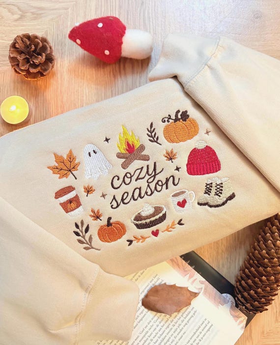 Embroidered Cozy Season Sweatshirt, Autumn Shirt, Spooky Pumpkin Fall Crewneck, Cozy Autumn Sweater, Custom Halloween Gift with name