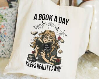 A Book A Day Keeps Reality Away Tote Bag, Fantasy Book Merch, Bookish Gifts, Book Club Shopper, Gift for Reader, Fantasy Book Lover Bag