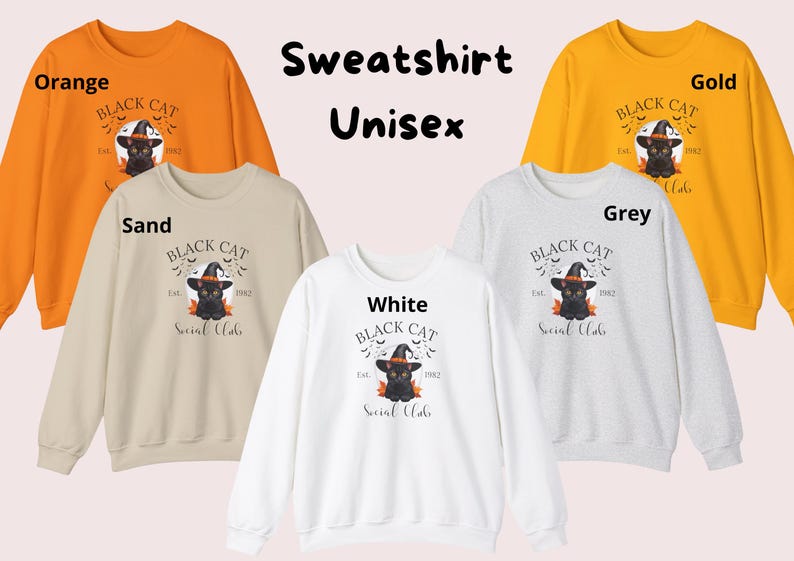 Schattige zwarte kat met een heksenhoed, perfect in Halloween-stijl, gedrukt op een comfortabel sweatshirt en t-shirt.