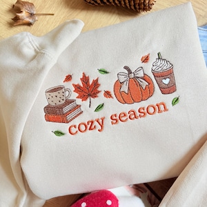 Embroidered Cozy Season Sweatshirt, Autumnal Sweater, Pumpkin Coffee Book Fall Crewneck, Book Lover Hoodie Embroidered
