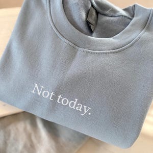 Grappige statement T-shirt met de tekst “Not today” in een minimalistisch en modern lettertype. Het ontwerp straalt humor, zelfverzekerdheid en duidelijke grenzen uit. Geschikt als casual outfit of comfy sweatshirtlook. Perfect als cadeau voor je vriendin of voor jezelf, voor iedereen die met een knipoog nee durft te zeggen. Tijdloos, stijlvol en makkelijk te combineren.