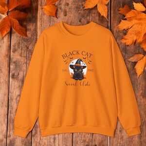 Schattige zwarte kat met een heksenhoed, perfect in Halloween-stijl, gedrukt op een comfortabel sweatshirt en t-shirt.