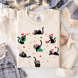 Lustiges Katzen-Weihnachts-Sweatshirt | Süßer Weihnachtspullover mit Katzen-Design | Perfektes Geschenk für Katzenliebhaber | Weich und bequem Sand