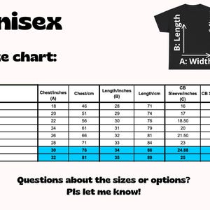 May include: Unisex size chart for a t-shirt with measurements in inches and centimetres. The chart shows the chest, length, and sleeve measurements for sizes small to 5X-large.