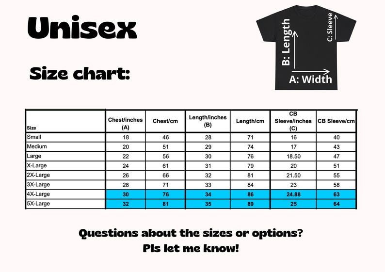 May include: Unisex size chart for a t-shirt with measurements in inches and centimetres. The chart shows the chest, length, and sleeve measurements for sizes small to 5X-large.