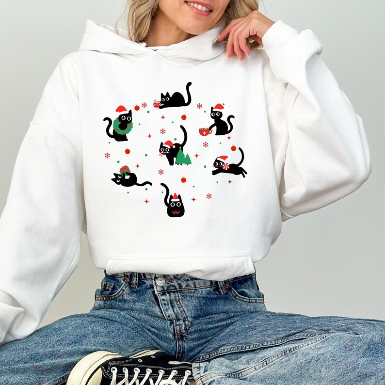 Lustiges Katzen-Weihnachts-Sweatshirt | Süßer Weihnachtspullover mit Katzen-Design | Perfektes Geschenk für Katzenliebhaber | Weich und bequem White