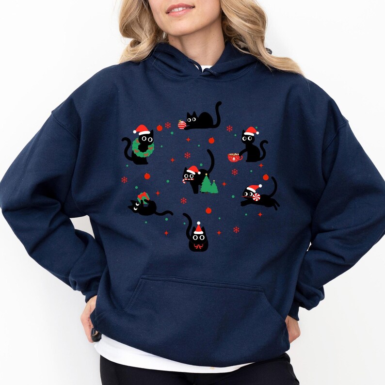 Lustiges Katzen-Weihnachts-Sweatshirt | Süßer Weihnachtspullover mit Katzen-Design | Perfektes Geschenk für Katzenliebhaber | Weich und bequem Navy