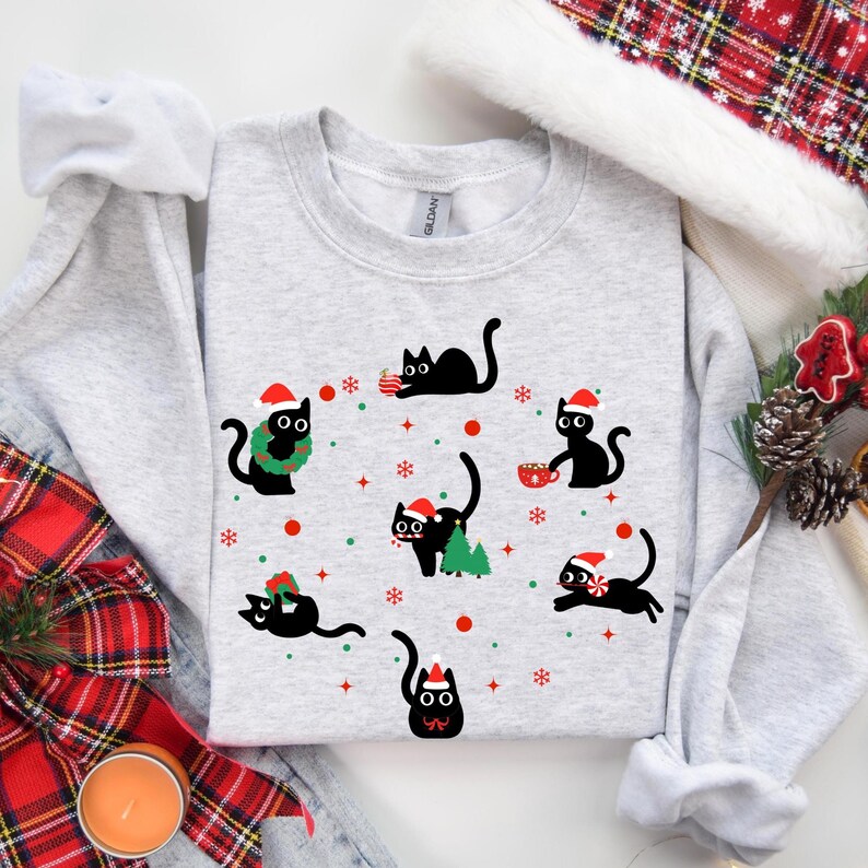 Lustiges Katzen-Weihnachts-Sweatshirt | Süßer Weihnachtspullover mit Katzen-Design | Perfektes Geschenk für Katzenliebhaber | Weich und bequem Ash Grey