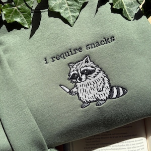 Funny Foodlover Sweater, Embroidered Racoon Sweatshirt, I Require A Snack Raccoon Hoodie, Custom Gift for Food lovers